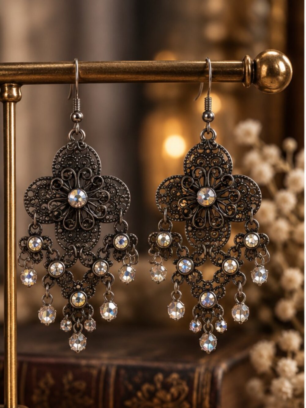 Vintage Inspired Victorian Filigree Chandelier Earrings with AB Rhinestones